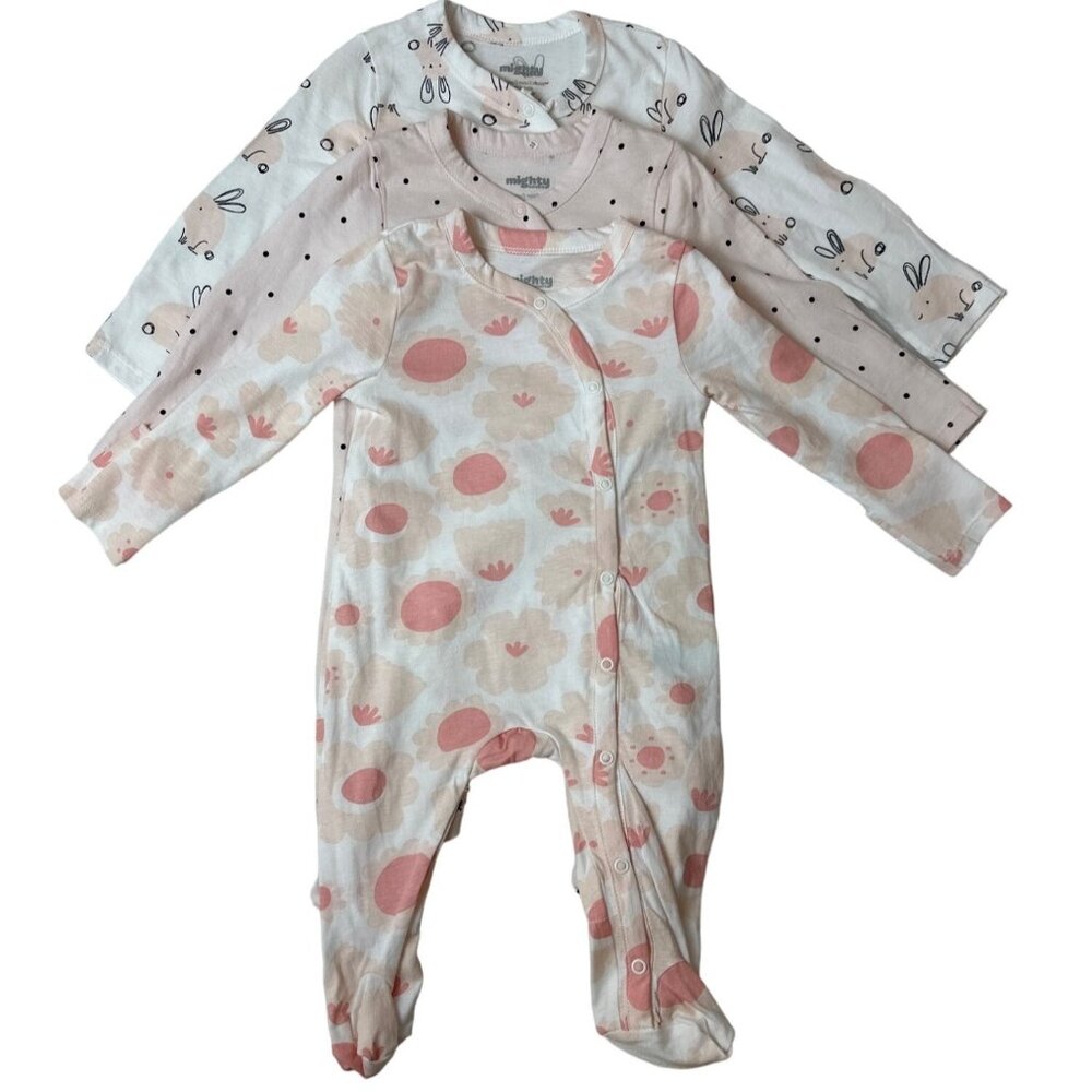 Mighty Baby 3-Pack Footed Jumpsuit Bunny Polka Dot Floral Print Sz 3M